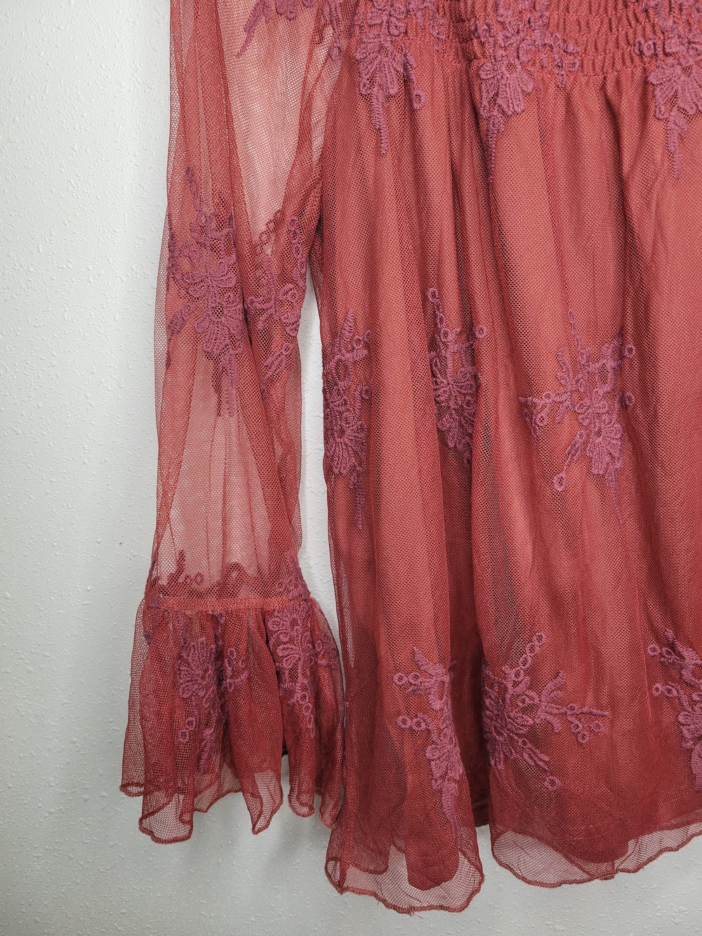 Sheer Embroidered Rust Pink Long-Sleeve Top